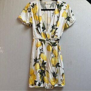 Olivia + James Yellow Lemon Print Wrap Dress Sz M